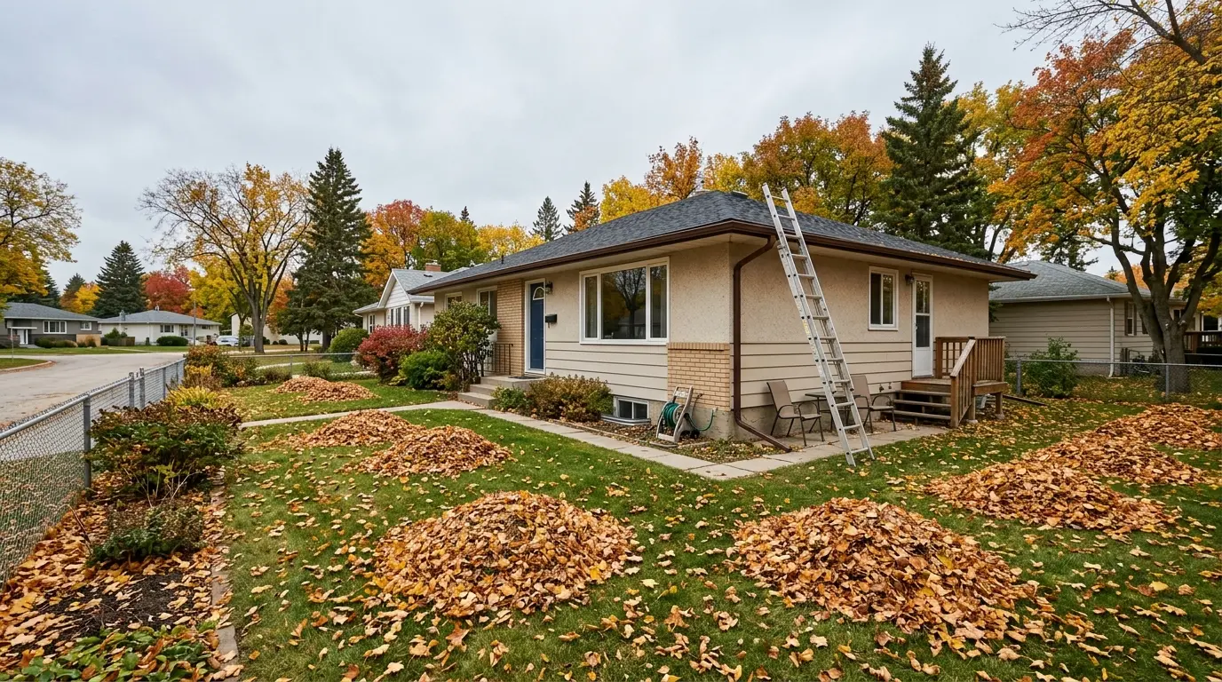 Raked leaf piles on a lawn beside a Winnipeg bungalow in autumn