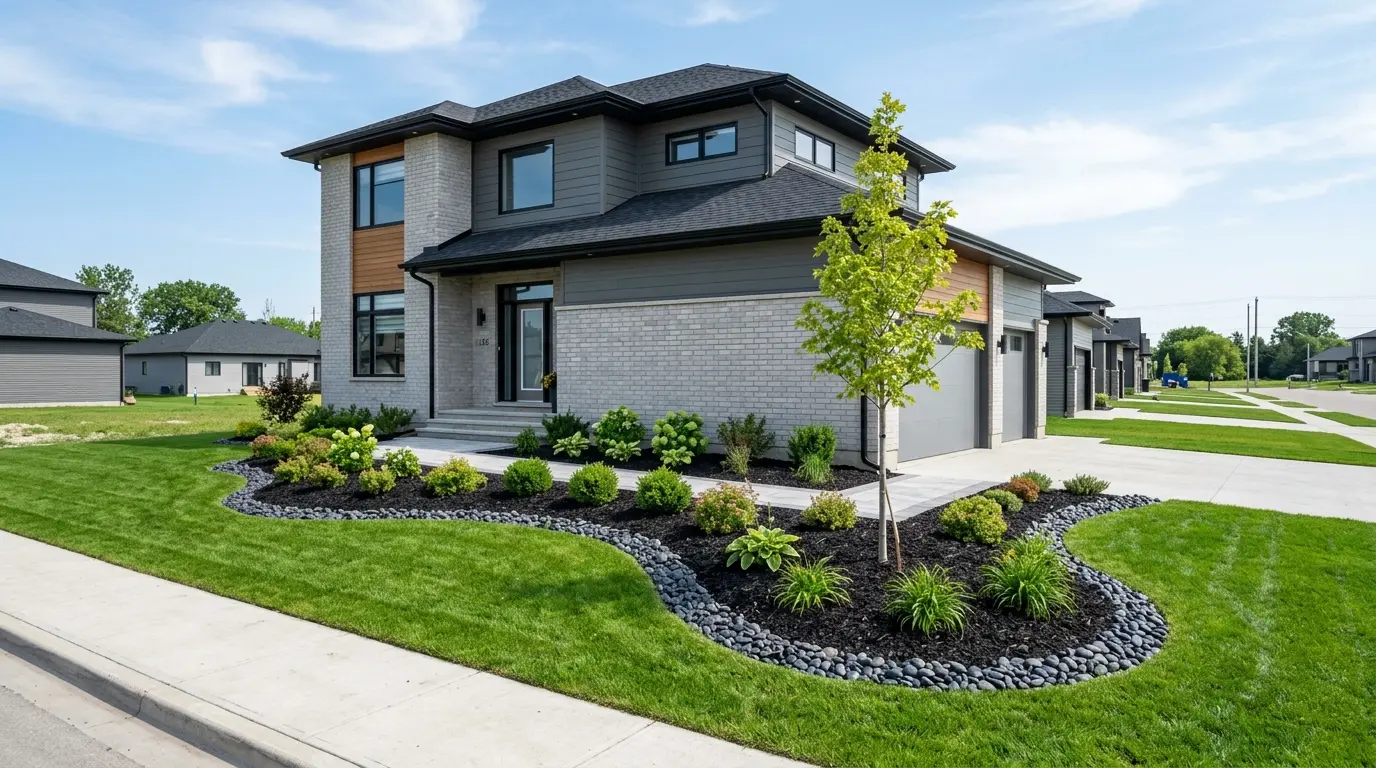 A newly landscaped front yard with a rock bed, mulch, shrubs and fresh sod