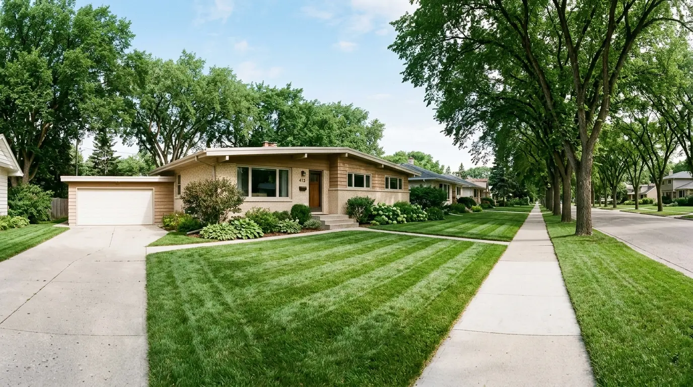 A freshly cut lawn in front of a Winnipeg bungalow